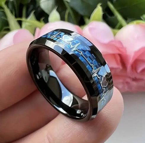Men's 8mm Tungsten Beveled Edges Gradient Blue EKG Lifeline Heart Wedding Band